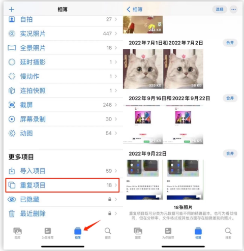 北安苹果手机维修分享iOS 16 中相册重复项目功能使用方法 