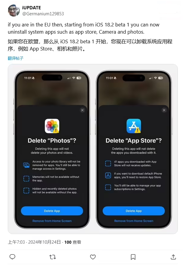 北安苹果手机维修分享iOS 18.2 支持删除 App Store 应用商店 