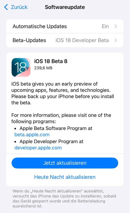 北安苹果手机维修分享苹果 iOS / iPadOS 18 开发者预览版 Beta 8 发布 